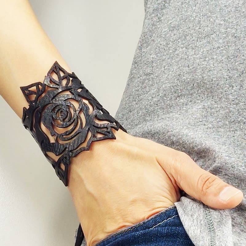 Adjustable rose leather cuff bracelet black 5